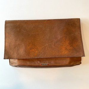 Clutch Bag in Brown Leather with Flap and Zipper Closure Brown